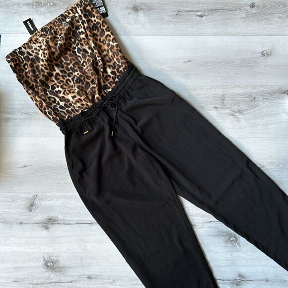 Express Leopard Print Strapless Tie Waisted Black Bottom Pockets Jumpsuit XS Nwt - Picture 2 of 5